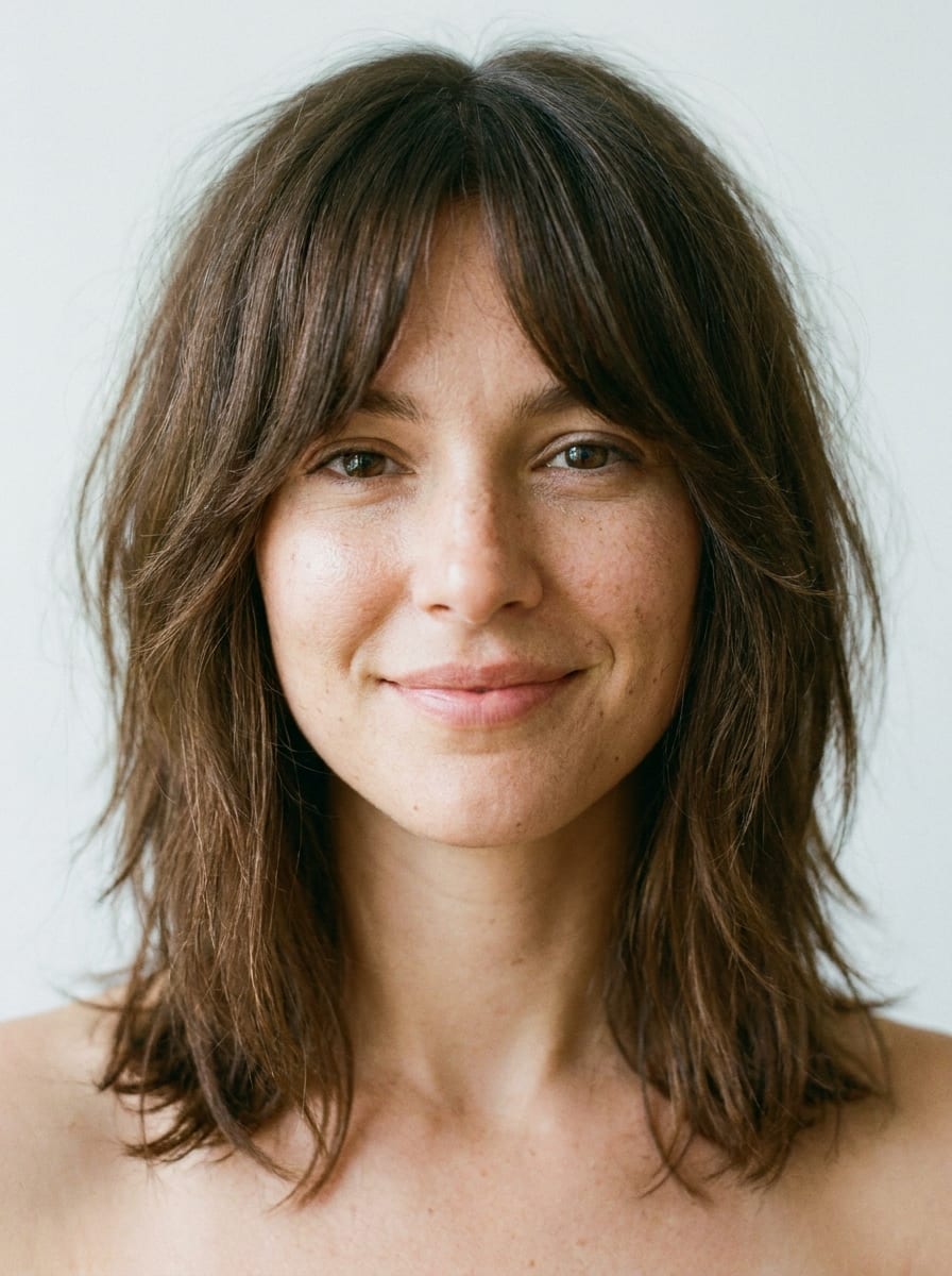 Curtain Bangs mit mittellangen Haaren - Frisur für ovales Gesicht